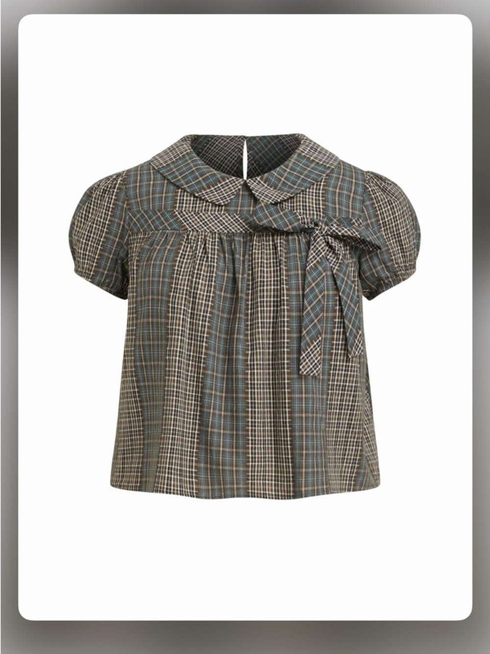 Cider Plaid Peter Pan Collar Women’s Top with Bow - Olive &